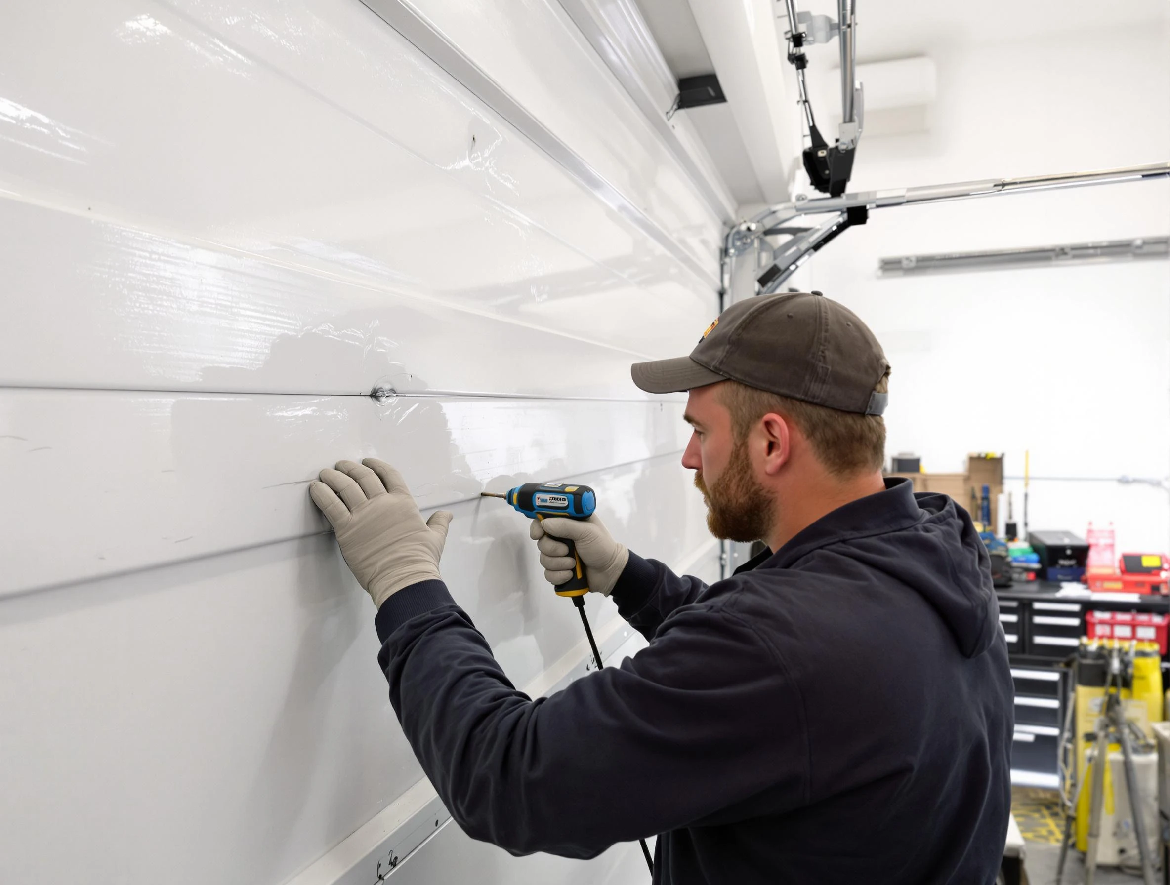 Mount Juliet Garage Door Repair technician demonstrating precision dent removal techniques on a Mount Juliet garage door